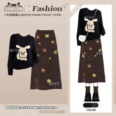 批发韩系慵懒感黑色<b class='q'>毛衣</b>女秋冬软糯提花针织衫花朵印花半身裙包臀长裙