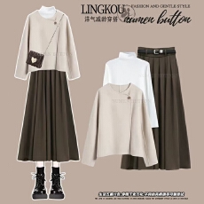 批发大码秋季职业套装裙女高级感外套打底衫高腰显瘦复古半身裙三件套