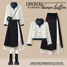 批发大码秋季休闲套装女高级感减龄针织开衫搭配拼接<b class='q'>高腰</b><b class='q'>半身裙</b>两件套