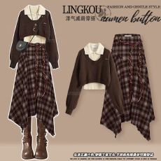 批发美式复古秋冬学院风卫衣叠穿咖色针织毛衣打底衫<b class='q'>不规则</b><b class='q'>半身裙</b>套装