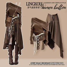 批发大码秋季废土风套装女御姐风斜肩针织衫搭复古<b class='q'>不规则</b><b class='q'>半身裙</b>两件套