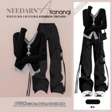 批发韩版学院风甜酷<b class='q'>女</b>假两件拼接V领上衣2025新款秋冬季工<b class='q'>装裤</b>两件套