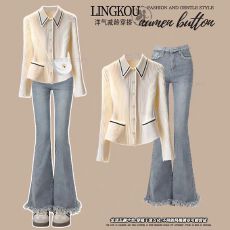 批发大码秋季气质套<b class='q'>装</b><b class='q'>女</b>小香风针织衫毛衣搭高腰显瘦微喇牛仔裤两件套