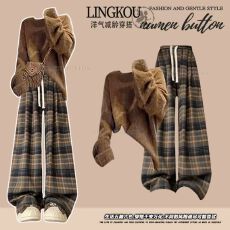 批发大码秋季美式套<b class='q'>装</b><b class='q'>女</b>复古减龄美拉德针织毛衣显瘦格子阔腿裤<b class='q'>两件</b>套