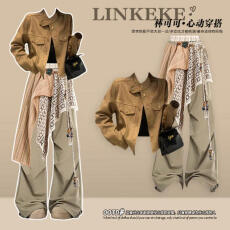 批发秋季一整套<b class='q'>街头</b>风穿搭原宿风复古外套搭拼接披帘百搭工装裤三件套