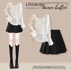 批发秋季穿搭一整套女2025新款宽松休闲针织<b class='q'>毛衣</b>配显瘦减龄短裙两件套