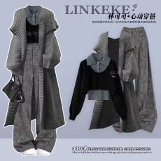 批发2025新款秋季套装女韩版毛衣外套内搭打底衫针织背心休闲裤四件套