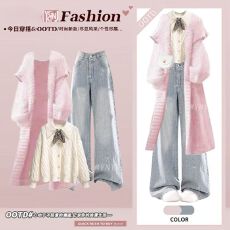 批发冬季甜美温柔风针织毛<b class='q'>衣外套</b>女新款韩系减龄气高级感牛仔裤三件套