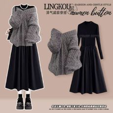 批发大码秋季韩系套装女减龄显瘦针织毛衣搭配赫本风法式<b class='q'>连衣裙</b>两件套