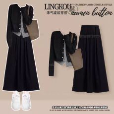 批发小个子早秋休闲套装女高级感减龄撞色显瘦上衣搭高腰半身裙两件套