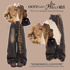 批发秋冬套装女2025<b class='q'>新款</b>美拉德<b class='q'>夹克</b>外套内搭衬衫复古显瘦牛仔裤三件套