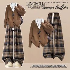 批发大码秋季复古套装女设计感叠穿针织<b class='q'>开衫</b>打底上衣格子休闲裤三件套