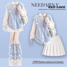 批发miu里miu气穿搭多巴胺针织马甲<b class='q'>衬衫</b>女早秋季2025<b class='q'>学院风</b>百褶裙套装