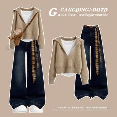 批发韩风chic休闲毛衣<b class='q'>职业</b><b class='q'>套装</b>女2025巨好看的早秋一整套小个子牛仔裤