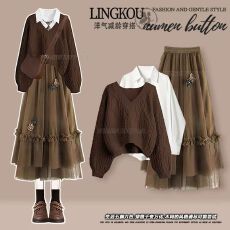 批发秋季休闲套装女慵懒风减龄针织毛衣打底<b class='q'>衬衫</b>复古显瘦半身裙三件套