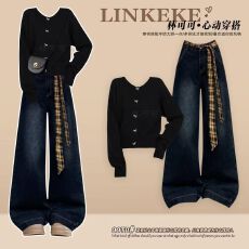 批发大码<b class='q'>女装</b>秋冬季穿搭一整套装2025新款爆款简约上衣搭配牛仔裤套装