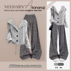 批发秋季穿搭一整套韩系时尚设计感长袖<b class='q'>针织</b>开衫高腰微喇休闲裤两件套