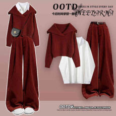 批发韩系深秋初冬季穿搭配一整套ootd高级感红色小香风<b class='q'>针织</b><b class='q'>套装</b>阔腿裤