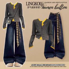 批发秋季穿搭一整套女2025新款假两件<b class='q'>针织</b>开衫百搭显瘦牛仔裤两件套