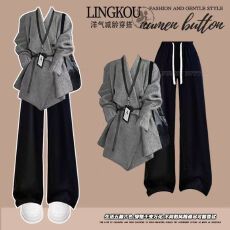 批发大码秋季<b class='q'>职业</b>风<b class='q'>套装</b>女设计感简约别致上衣搭显瘦宽松休闲裤两件套