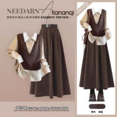 批发秋季气质套装女美拉德复古针织马甲叠穿<b class='q'>条纹</b>衬衫搭高腰显瘦<b class='q'>半身裙</b>