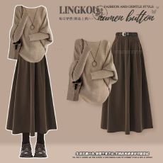 批发大码秋季轻熟风<b class='q'>套装</b>女减龄<b class='q'>休闲</b>针织毛衣搭配高腰显瘦半身裙两件套