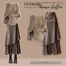 批发大码秋季美式套装女洋气显瘦针织毛衣搭小众复古皮衣半身裙两件套