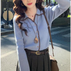 批发高级感复古撞色拼接翻领针织衫女<b class='q'>秋季</b>时尚百搭设计感小众毛衣外套