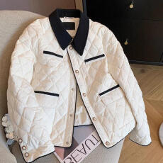 批发法式撞色翻领菱格棉服女秋冬高级感名媛风洋气宽松显瘦保暖外套潮