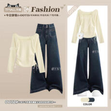 批发韩系早秋穿搭套装收腰抽绳短款针织衫女搭配直筒显瘦<b class='q'>牛仔</b>裤两件套