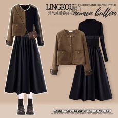 批发秋季高级感套装女美式复古甜酷风外套搭气质收腰<b class='q'>显瘦</b>连衣裙两件套