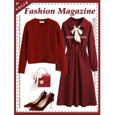 批发秋冬季套装女2025新款穿搭新年战袍红色洋气毛衣衬衫连衣裙两件套