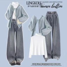 批发大码深秋韩系套装女气质针织开衫毛衣打底衫高腰显瘦<b class='q'>牛仔</b>裤三件套