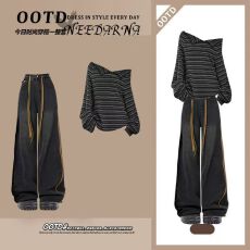 批发大码秋季套装女废土风条纹撞色罩衫搭配复古高街<b class='q'>牛仔</b>阔腿裤两件套