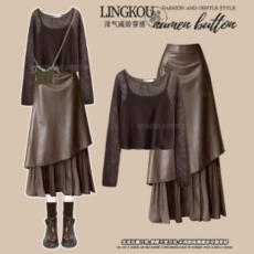 批发大码秋季<b class='q'>职业</b><b class='q'>套装</b>裙女镂空罩衫吊带高腰显瘦复古拼接半身裙三件套