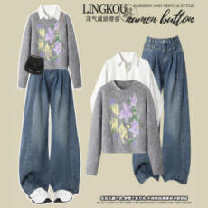 批发大码秋冬韩系套<b class='q'>装</b>女气质小香风针织毛衣<b class='q'>衬衫</b>高腰显瘦牛仔<b class='q'>裤</b>三件套