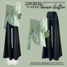 批发大码秋季休闲套装女韩系百搭洋气针织衫<b class='q'>上衣</b>高腰宽松<b class='q'>牛仔</b>裤两件套