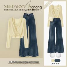 批发2025年秋季女整套一整套多巴胺韩系吊带T恤长袖搭阔腿<b class='q'>牛仔</b>三件套