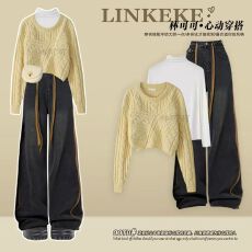 批发秋季一整套温柔系穿搭气质针织毛衣白色<b class='q'>上衣</b>搭配休闲<b class='q'>牛仔</b>裤两件套