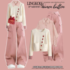 批发大码秋冬休闲套装女复古针织毛衣<b class='q'>打底衬衫</b>搭高腰显瘦工装裤三件套