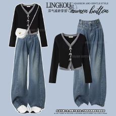 批发大码梨型身材穿搭小个子秋季韩版假两件<b class='q'>上衣</b>时髦阔腿<b class='q'>牛仔</b>裤两件套