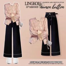 批发大码秋季高级感套<b class='q'>装</b>女新中式国风设计感<b class='q'>衬衫</b>高腰减龄牛仔<b class='q'>裤</b>两件套