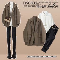 批发大码早秋气质套装女高级感<b class='q'>西装外套</b>内搭衬衫高腰显瘦牛仔裤三件套