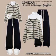 批发<b class='q'>大码</b>秋季韩系套装女百搭<b class='q'>打底衫</b>条纹针织衫搭高腰显瘦休闲裤三件套