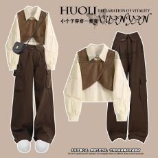 批发秋季穿搭一整套女2025新款设计感假两件<b class='q'>衬衫</b>显瘦休闲工<b class='q'>装</b><b class='q'>裤</b>两件套