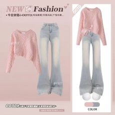 批发秋季甜美穿搭套装女气质不规则短款针织衫毛衣搭复古<b class='q'>牛仔</b>裤两件套