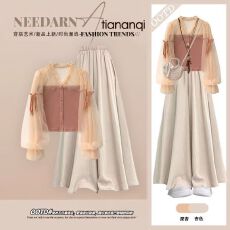 批发秋季一整套设计感穿搭港风泡泡袖时髦上衣搭配高腰显瘦裙<b class='q'>裤</b>两件套