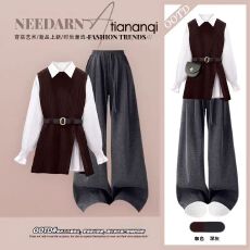 批发1911Y209#秋季新款套<b class='q'>装</b>女韩系显瘦针马甲<b class='q'>衬衫</b>搭显瘦阔腿<b class='q'>裤</b><b class='q'>三件套</b>