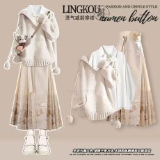 批发大码秋季温柔套装女减龄连帽卫衣<b class='q'>打底衫</b>搭配高腰国风马面裙三件套