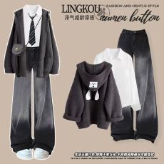 批发大码秋季学院风套<b class='q'>装</b>女韩系减龄气质外套打底<b class='q'>衬衫</b>渐变牛仔<b class='q'>裤</b>三件套